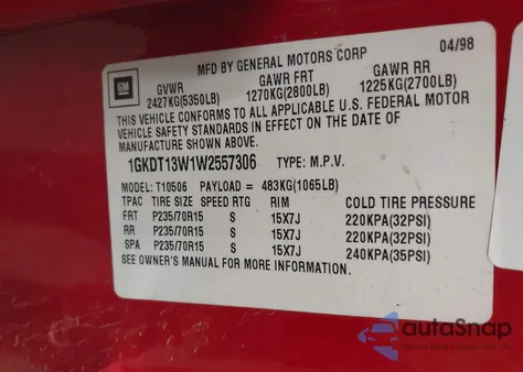 1998 GMC Jimmy Sle z USA, uszkodzony, nr VIN 1GKDT13W1W2557306